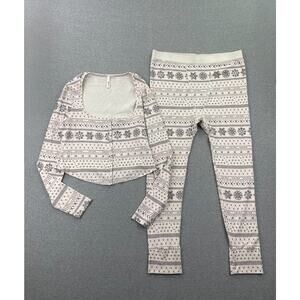 SKIMS Pointelle Fair Isle Pajama Set 4X Plus Cream Pink Henley & Leggings Lounge